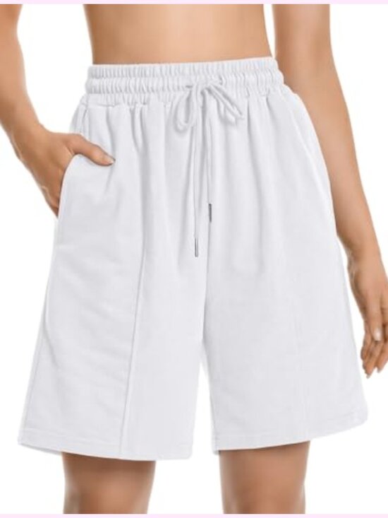 Pants - Women's Long Sweat Shorts with Pockets Cotton Blend Athletic Drawstring Bermuda